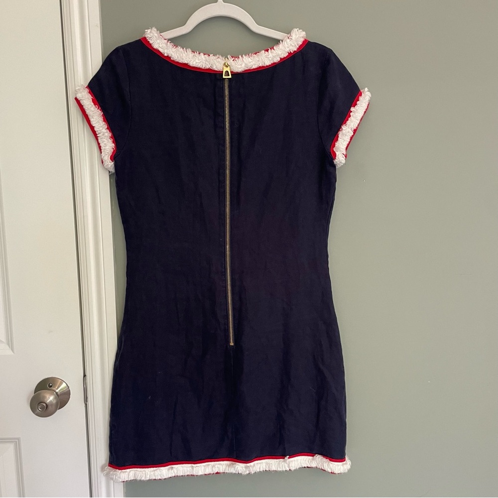 Sail to Sable 100% Linen Navy Blue Red White Fringe Trim Mini Shift Dress 4 - Picture 9 of 13